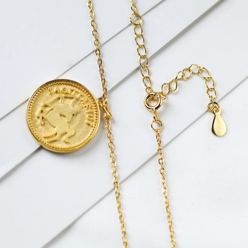 

925 Sterling Silver Golden Coin 12 Constellation Pendant Necklace Kolye Collar Vintage Personality 18K Gold Chain Necklace Femme
