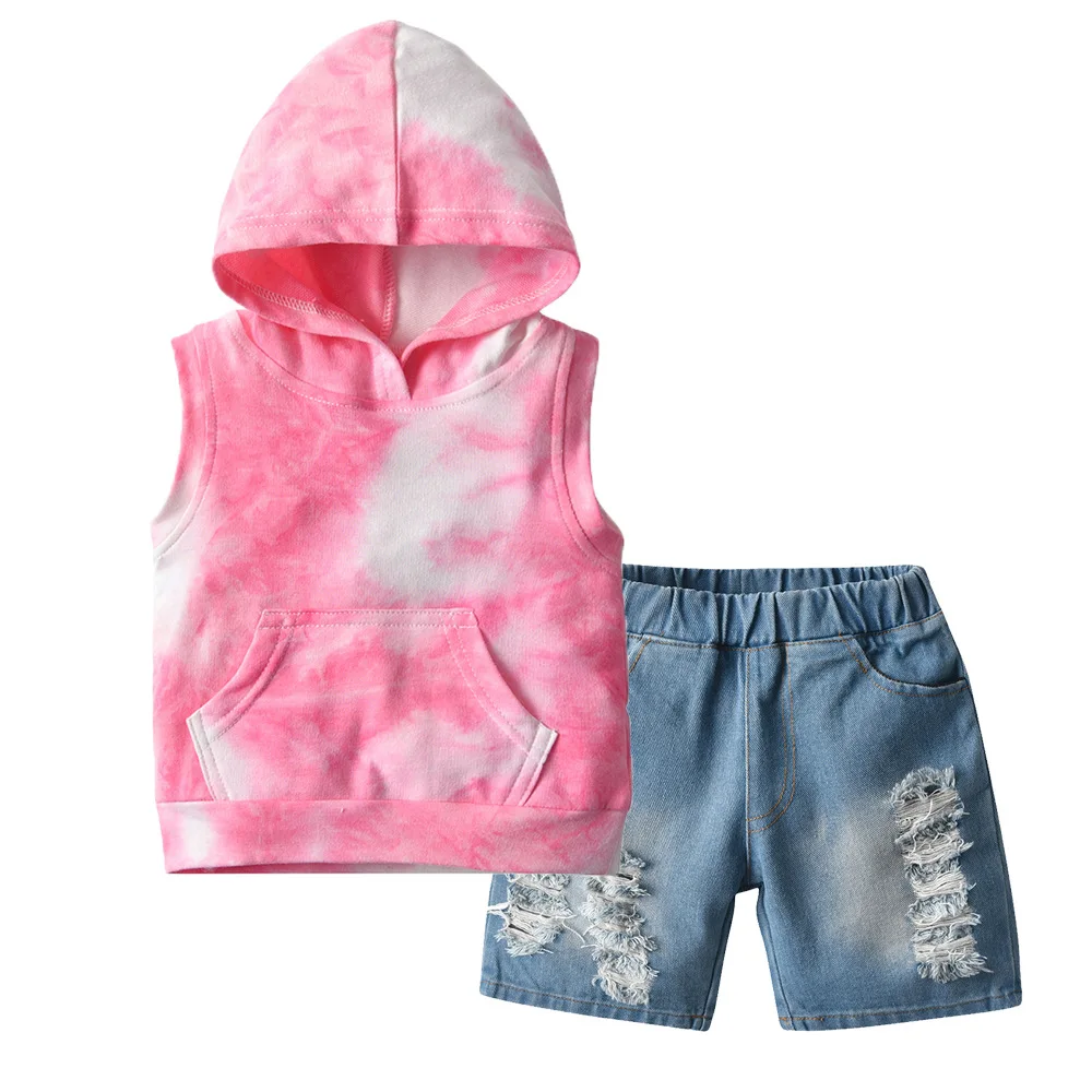 

Boys Clothes Set 2021 Summer Hooded Sleeveless Tie-Dye T-shirt Ripped Jeans Two-Piece Suit for Kids Tracksuit Boy Outfit Set 4 Y