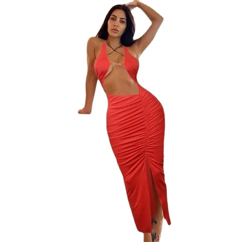

Sexy Summer Evening Red Dresses Women Sleeveless Halter Elegant Hollow Dress Femme Sexy Aesthetic Party Hot Club Dress2021
