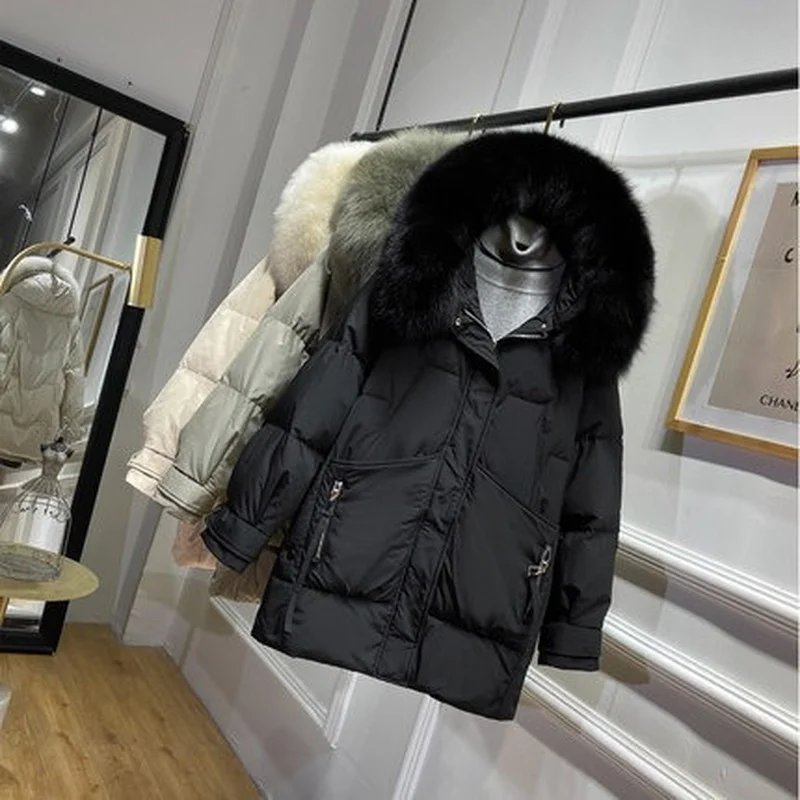 2021 New Style Down Padded Mid-length Winter Korean Big Fur Collar Small Jacket Women's Pajamas Coats