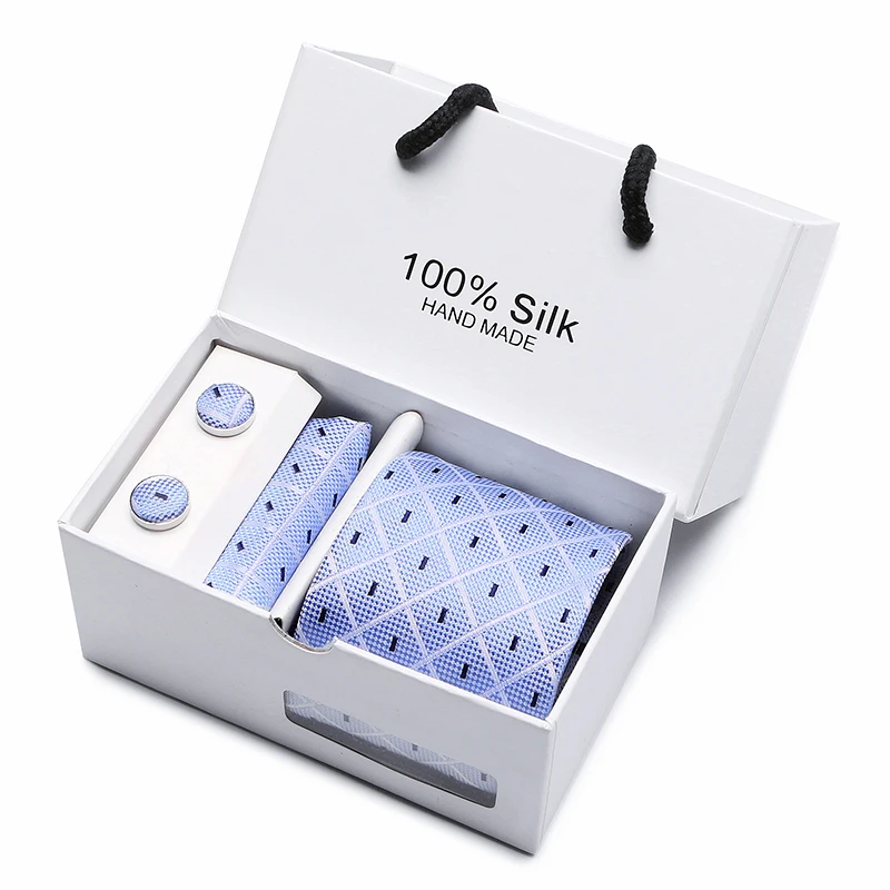 

Factory Sale 100% Silk Tie Handkerchief Cufflink Set Necktie Box Sky Blue Red Polka dot Ivory Fit Workplace Group Party