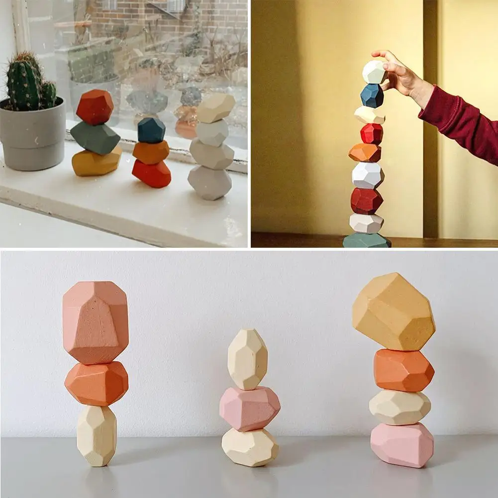 Bloques de construcci&oacute;n de piedra de color madera para ni&ntilde;os, juguete para regalo educativo, n&oacute;rdico, juguete con arcoiris, estilo de chico apilable, G2M1-0
