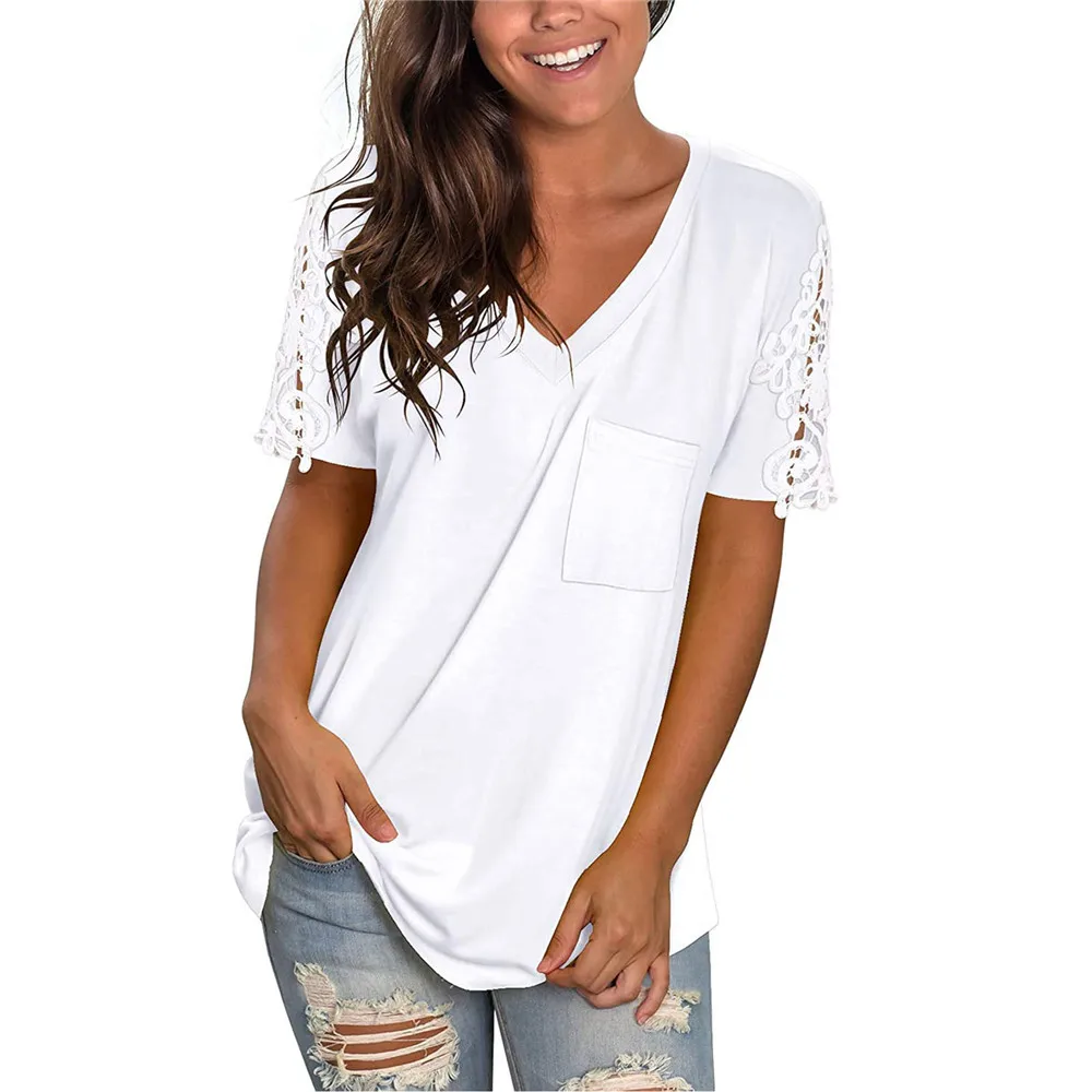 

White Tshirts Short Sleeve V neck Hollowed-out T-shirt Casual Top Woman's Fashion Clothing Summer 2021 NEW Solid T Shirt