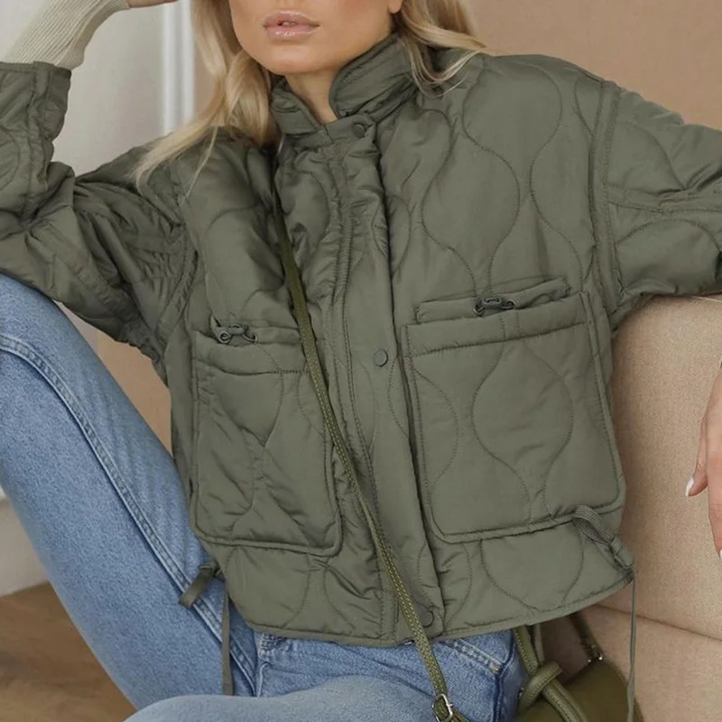 

Fandy Lokar Spring Autumn Parkas Women Fashion Drawstring Short Coats Women Elegant Stand Collar Cotton Jackets Female Ladies