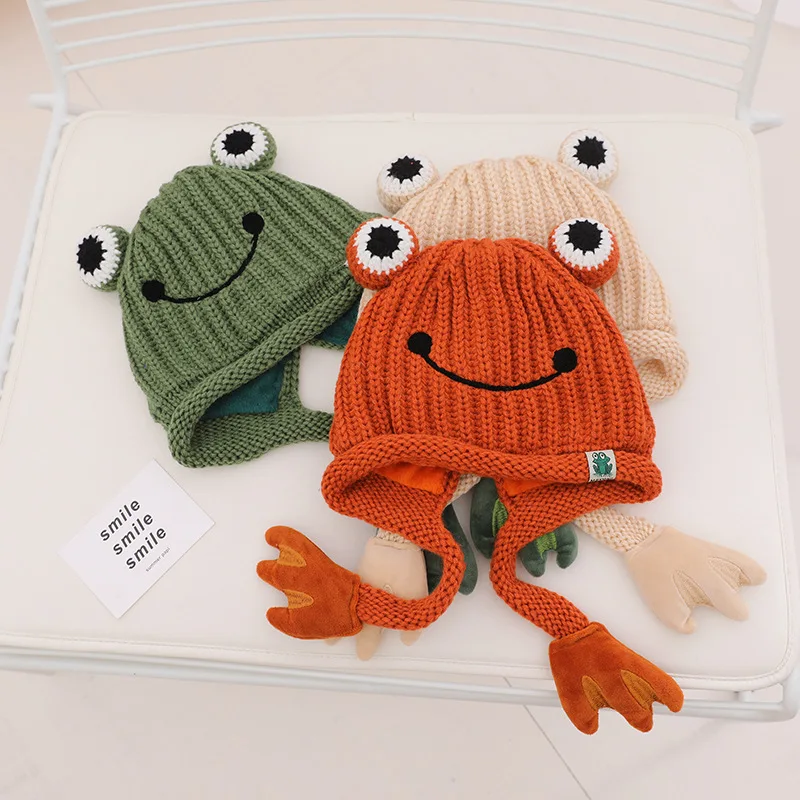 Мультяшная зимняя детская лягушка вышитая шапочка флисовая плотная шапка