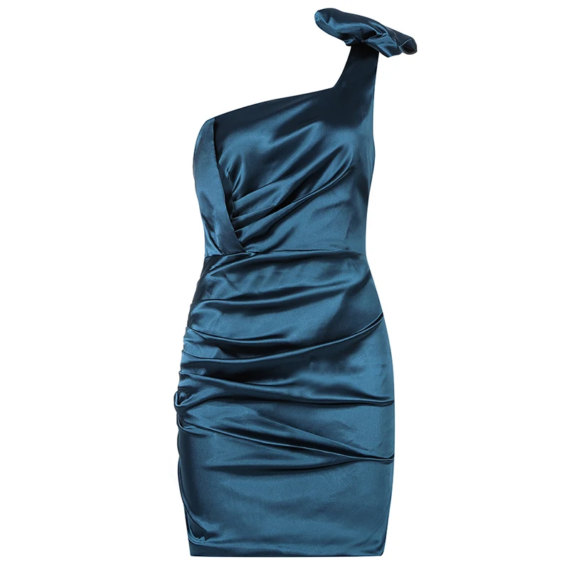 

INDRESSME 2020 New Fashion One Shoulder Sleeveless Pleated Satin Mini Dress Women Sexy Draped Party Vestidos
