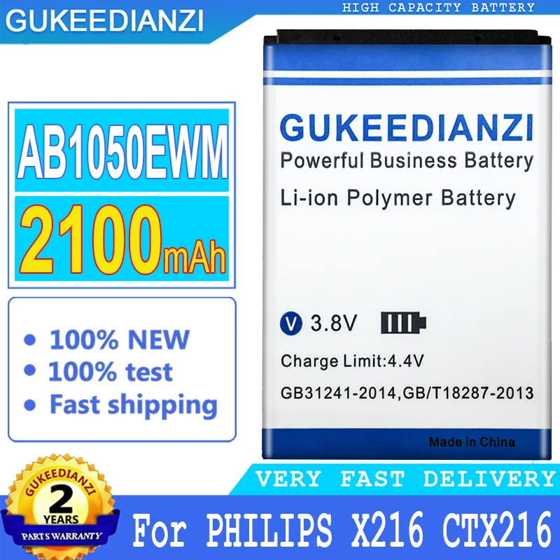 

2100mAh GUKEEDIANZI Battery AB1050EWM For PHILIPS Xenium X216 CTX216 Big Power Bateria