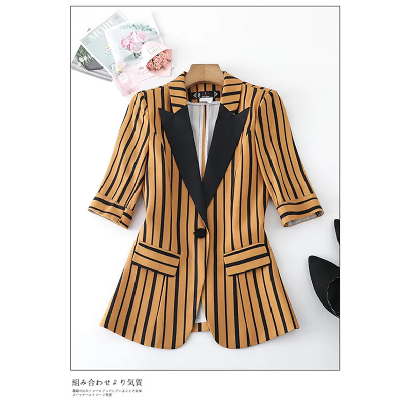 Модные корейские полосатые блейзеры с рукавом средней длины Женская куртка
