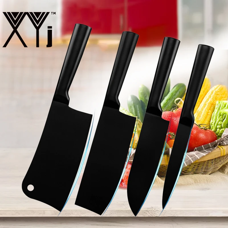 XYJ набор кухонных ножей японский " Santoku 5" Универсальный 6," нож шеф-повара Держатель ножей из нержавеющей стали черное лезвие инструменты для приготовления пищи