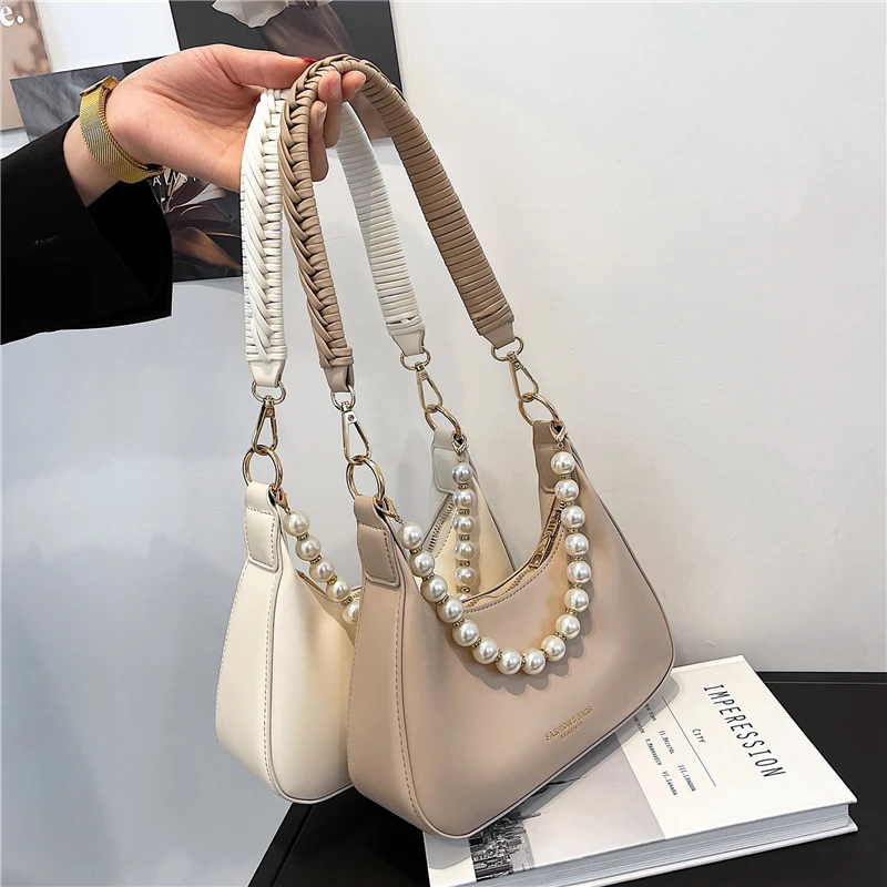 

Summer Trend Half Moon Baguette Twist Shoulder Bags For Women Fashion Pearl Handle High Quality Smooth PU Leather Crossbody Bags