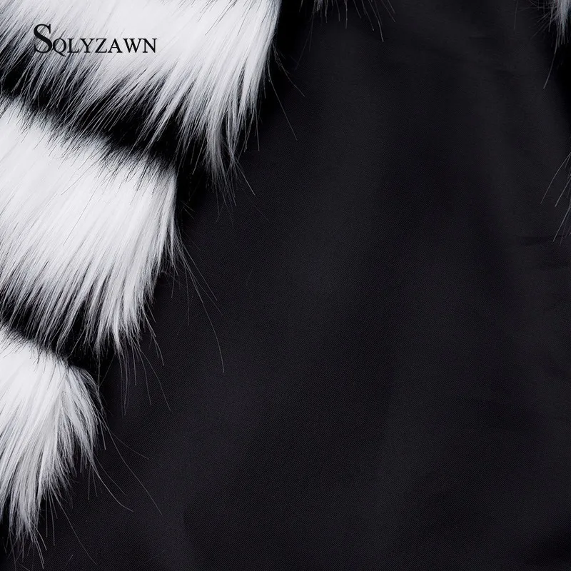 

Luxury Women Warm Causal Fake Fur Jacket Coat Outerwear Hairy Shaggy Black White Stripe Patchwork Furry Faux Fox Fur Winter Coat