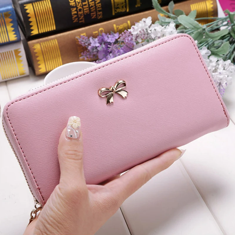 

Cards Holder Wallet Ladies Cute Bowknot Women Long Wallet Pure Color Clutch Bag 2020 New PU Leather Purse Phone Card Holder Bag