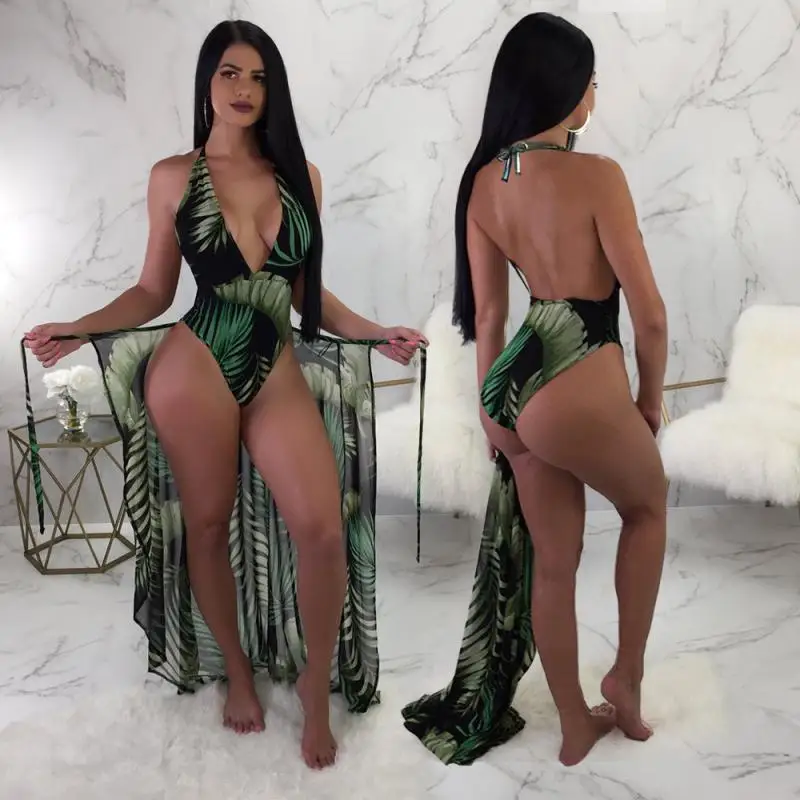 Women's Sexy Swimsuit Leaf Print Halter Neck Strap One-Piece Swimsuit + Blouse Two-Piece Swimsuit bathing suit coverups