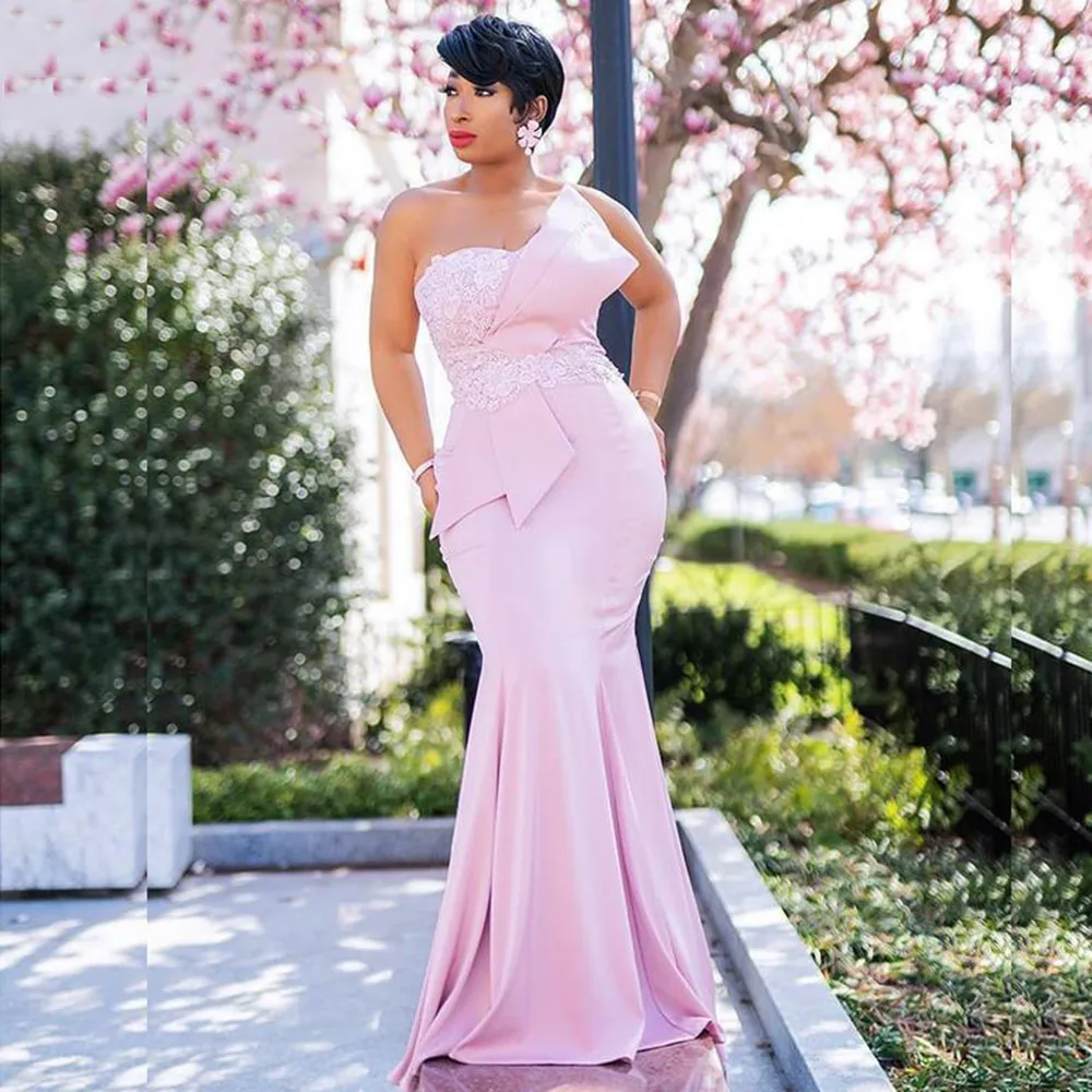

Mermaid Pink Elastic Satin Prom Dresses Lace Ruched Long Evening Dress Princess Zipper Back Formal Party Gowns 2021