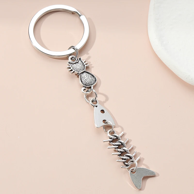 Милый брелок для ключей в виде кота рыбьей кости металлический подарок животного