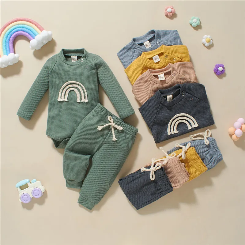 

Fall Spring Baby Ribbed Long Pants Set Long Sleeve Rainbow Romper Elastic Waist Lace Up Pants Baby Clothing