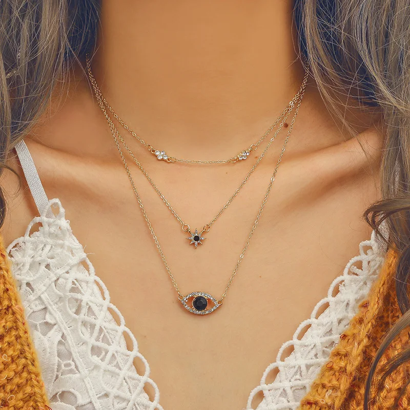 

Bohemia Women Necklaces Crystal black stone Pendant Clavicle Chain Multilayer Gold Choker Necklace Set Engagement Jewelry Gift