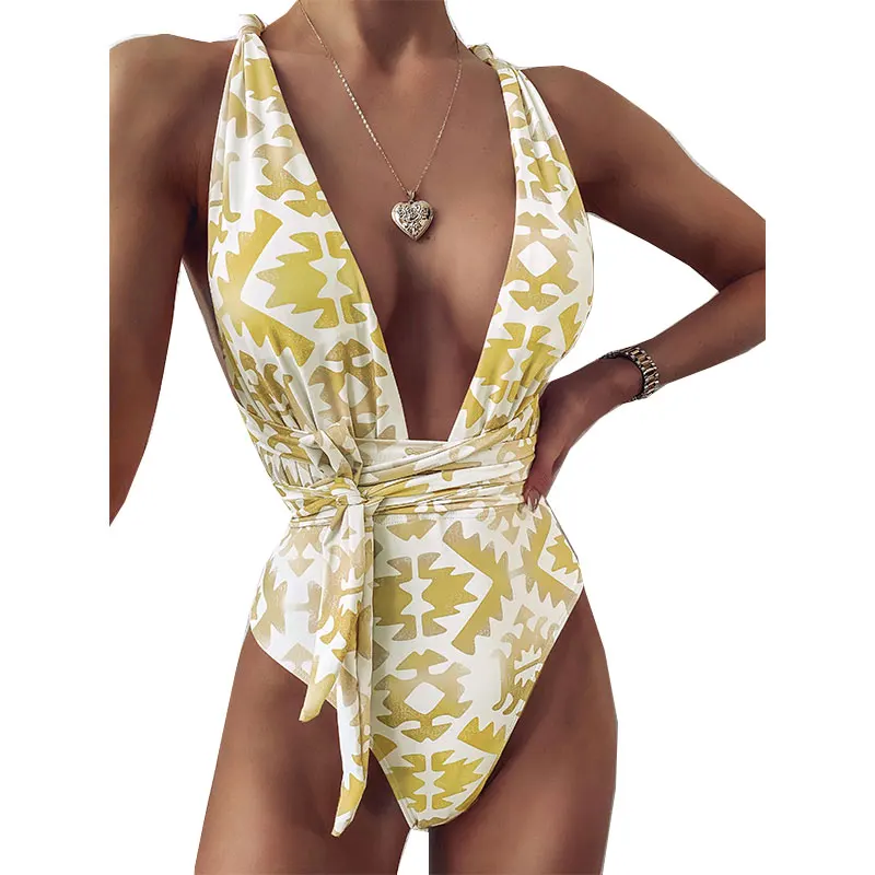 Сексуальный женский купальник с глубокой кожей 2020 слитный принтом купальный