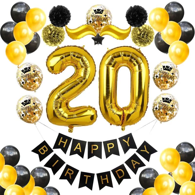 1 Набор С Днем Рождения для взрослых 20th 50th 40th 30th 60th Year Decoration черный золотой баннер