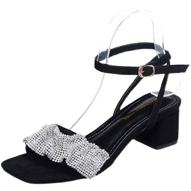 

Female Shoes Square Toe Slippers Heels Luxury Slides Med Jelly Flip Flops 2021 High Designer Glitter Block Basic Pumps PU Crysta