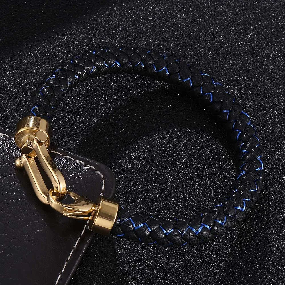 

New Men Fashion Bracelet Braided Leather Gold Color Stainless Steel Horseshoe Lobster Clasp Handmade Men Jewelry BB0780