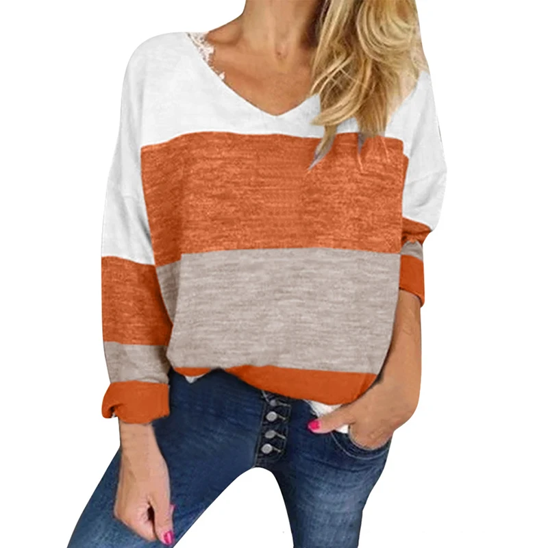 

Women T Shirts Oversize Harajuku V-Neck Long Sleeve Spring Autumn Print Splice Casual Loose Camisetas Mujer Top Tee 2020 SJ6740C