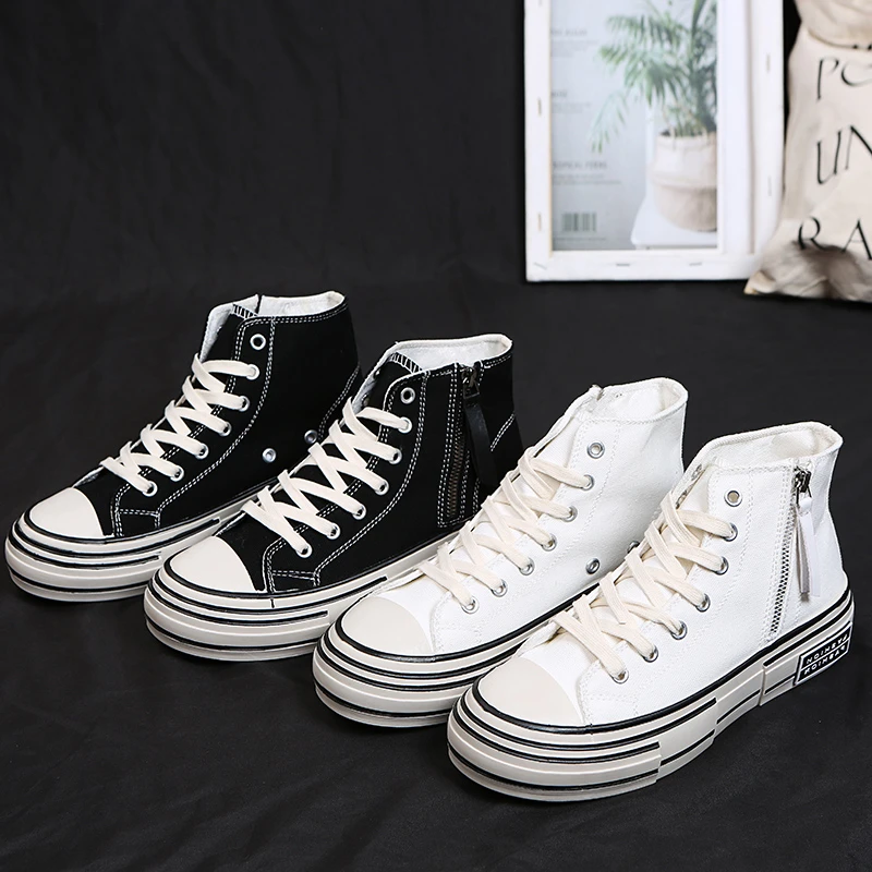 

2021 Women's New Korean Version of The Side Zipper Small Lace Up Black Women's Shoes Student White Wedge Flat Shoes Casual Shoes