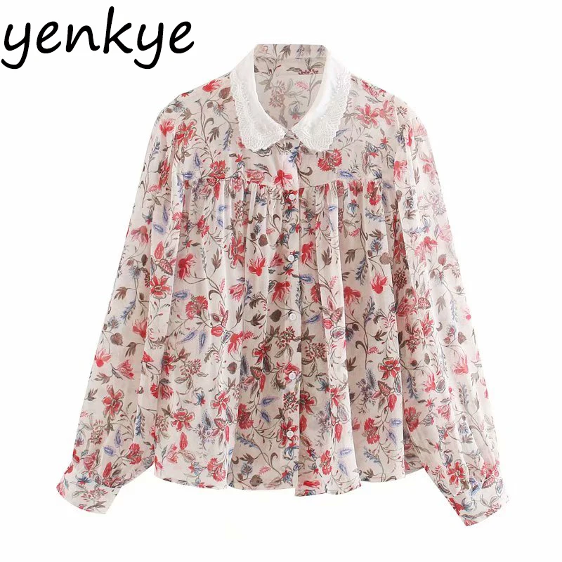 

Embroidery Collar Floral Blouse Fashion Women Sexy Semi-sheer Long Sleeve Streetwear Summer Shirts Plus Size Chemise Femme