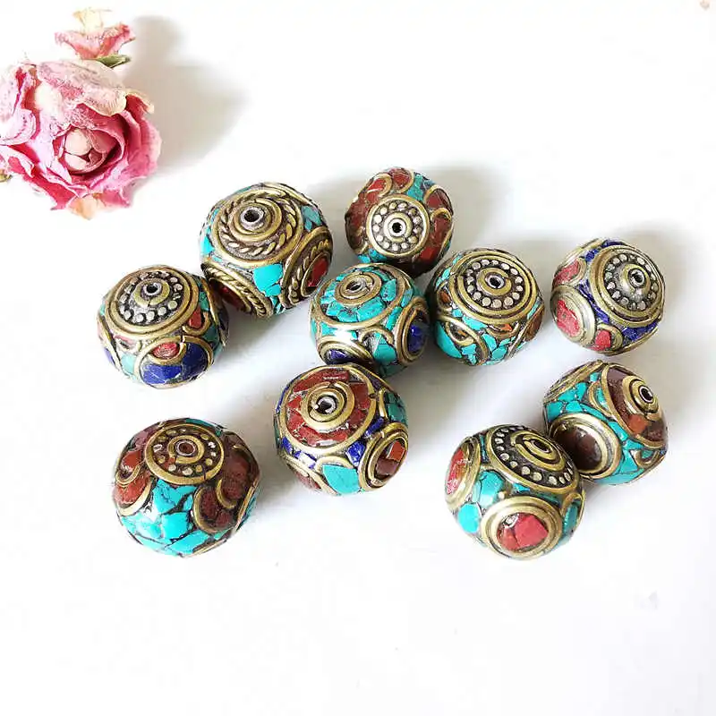 Оптовая продажа 10 шт. Непальские латунные бусины ручной работы инкрустированные