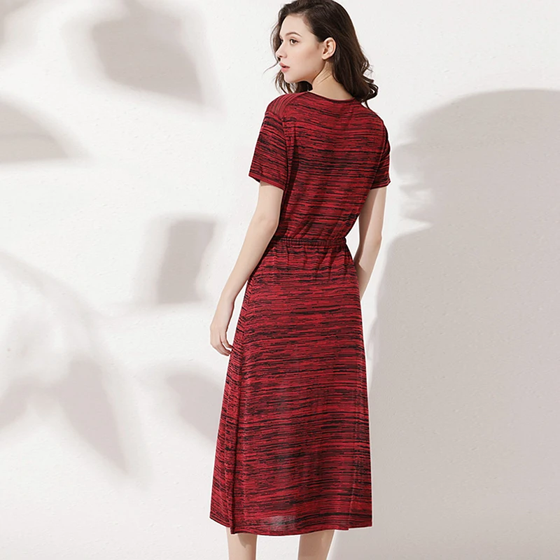 Женское шелковое платье с V-образным вырезом коротким рукавом и эластичной