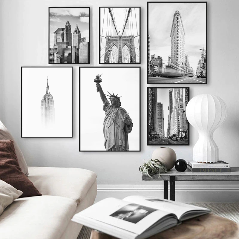 

New York Canvas Print Statue of Liberty Poster Black and White Building Landscape Painting Wall Art Picture Living Room Decor