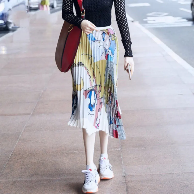 Милые длинные юбки с рисунком для женщин 2019 Осень Женская эластичная юбка
