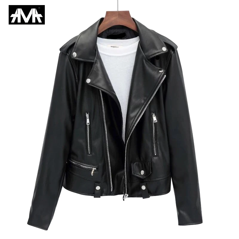2019 Новая модная женская осенне зимняя черная искусственная кожаная куртка с