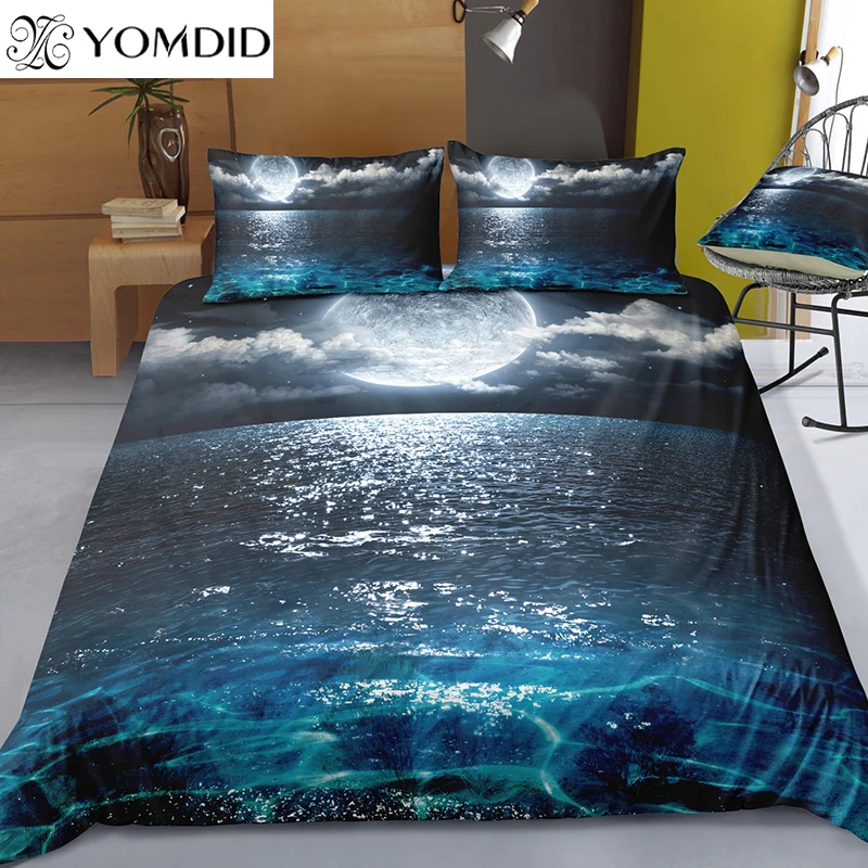 

3D Reactive Printing Bedding Set Night Sea Scenery Print Duvet Cover Set Lifelike Bedclothes With Pillowcase Hotel Bedroom Decor