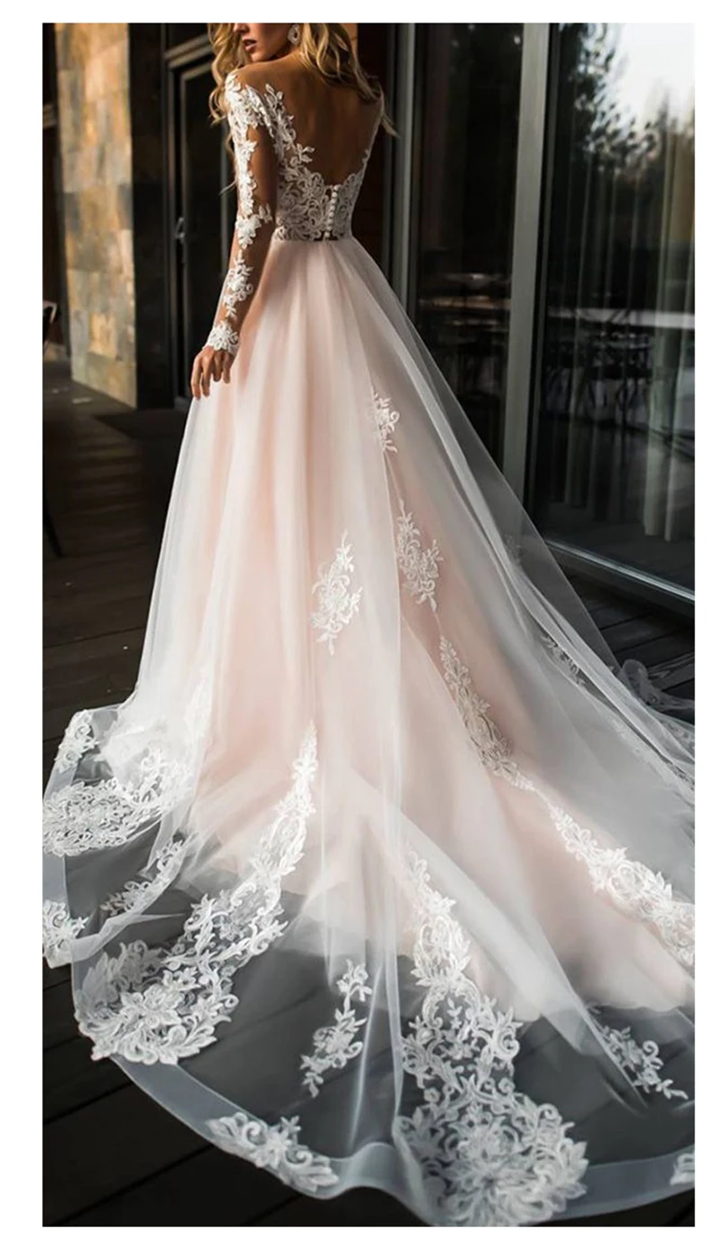 Vestido de novia белый слоновая кость Тюль свадебное платье с открытой спиной линии Свадебные платья для невесты с Длинными Рукавами Свадебное шелковое с аппликацией платья
