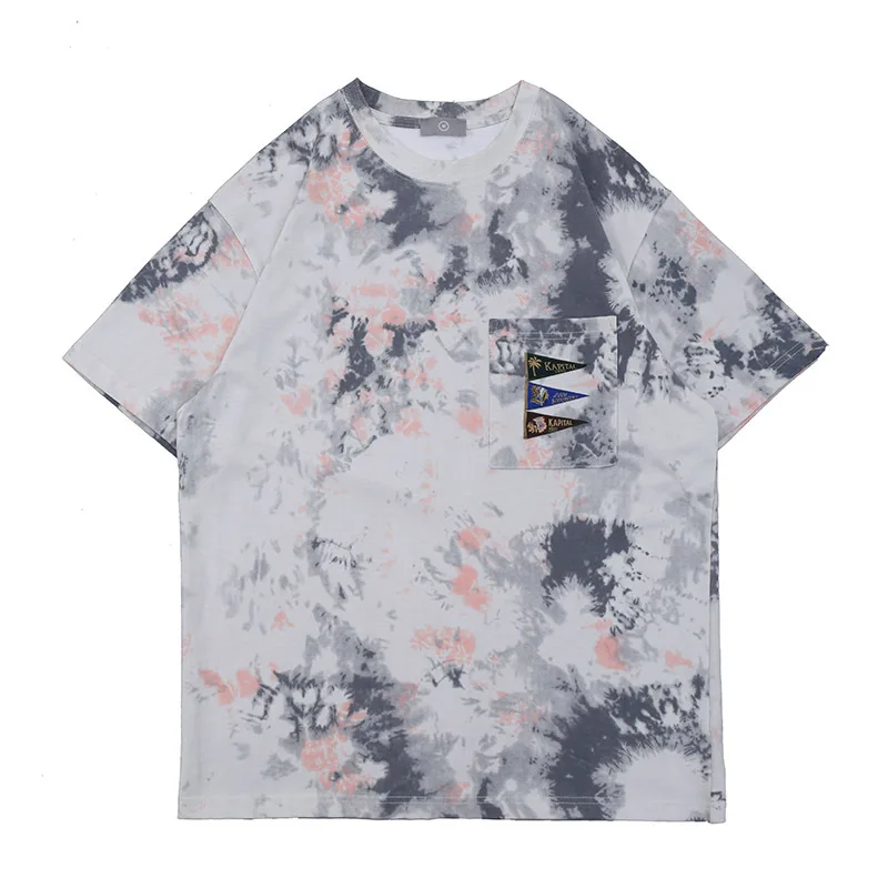 

Japanese Tie Dye Pocket Cloth Loose Round Collar Short-sleeved T-shirt Men and Women Distressed Travis Scotts T Shirt Clothing