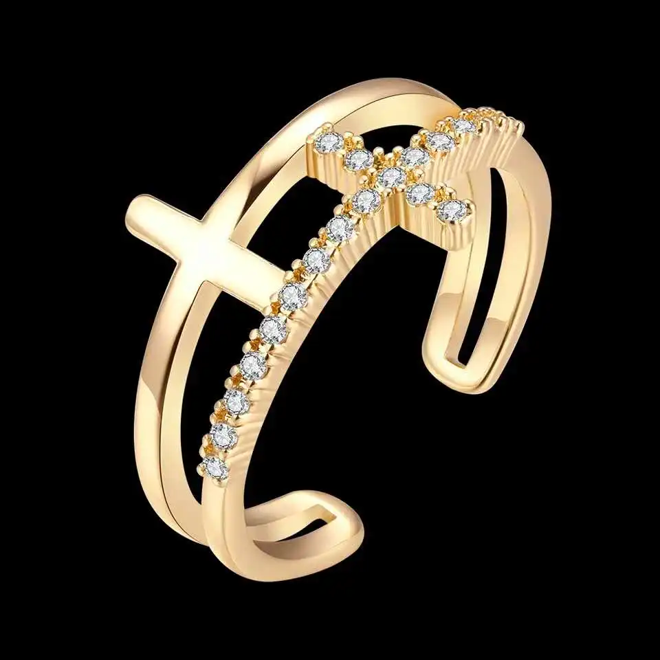 Женское регулируемое кольцо с открытым крестом золотым кристаллом циркониевое