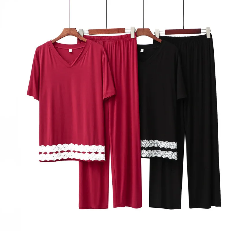 

Home Wear Modal V-Neck Summer Pajamas Set Short Sleeved Trousers Lace Pijamas Suit New Cotton Sleepwear Women Pyjama Femme