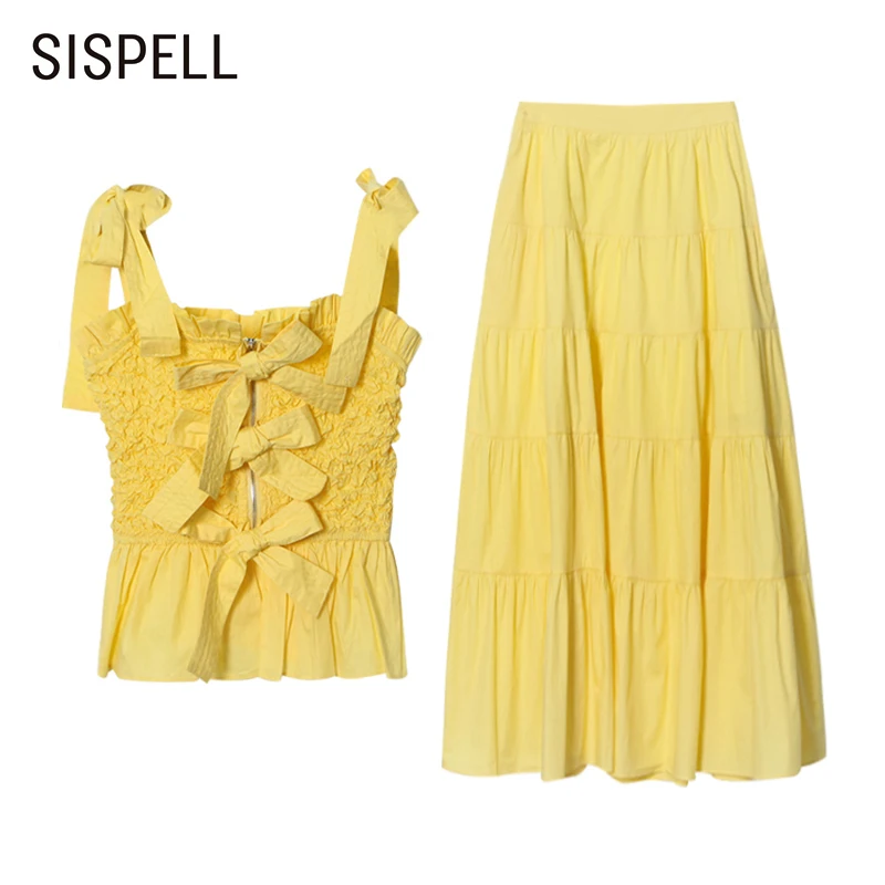 

SISPELL Patchwork Bowknot Sets For Female Square Sleeveless Patchwork Ruffle Top High Waist Slimming Ruched Skrit Women's Set