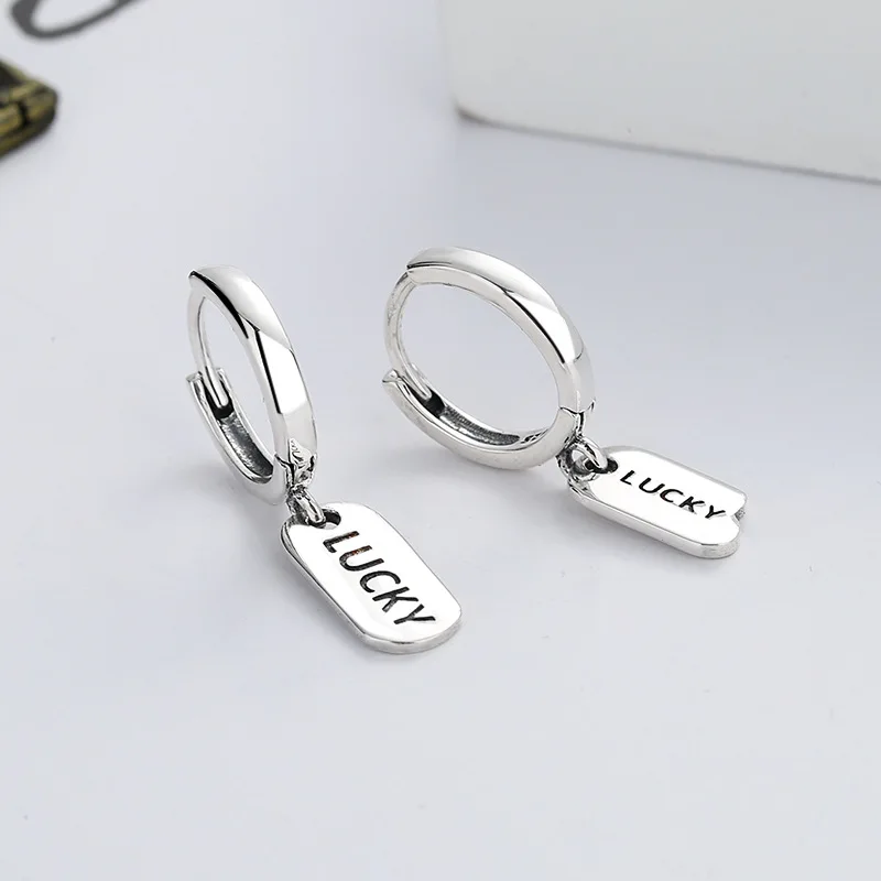 

FANRU 925 Silver Hoops Women Punk Style Asymmetric Tag Tassel Earrings Lucky Letter Dangle Earrings For Women S925Silver Jewelry