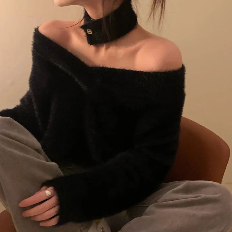 

2020 Autumn Winter Woman Sweater Sexy Loose Deep V-Neck Off Shoulder Sweater White Black Knitter Tops Korean Streetwear Clothes