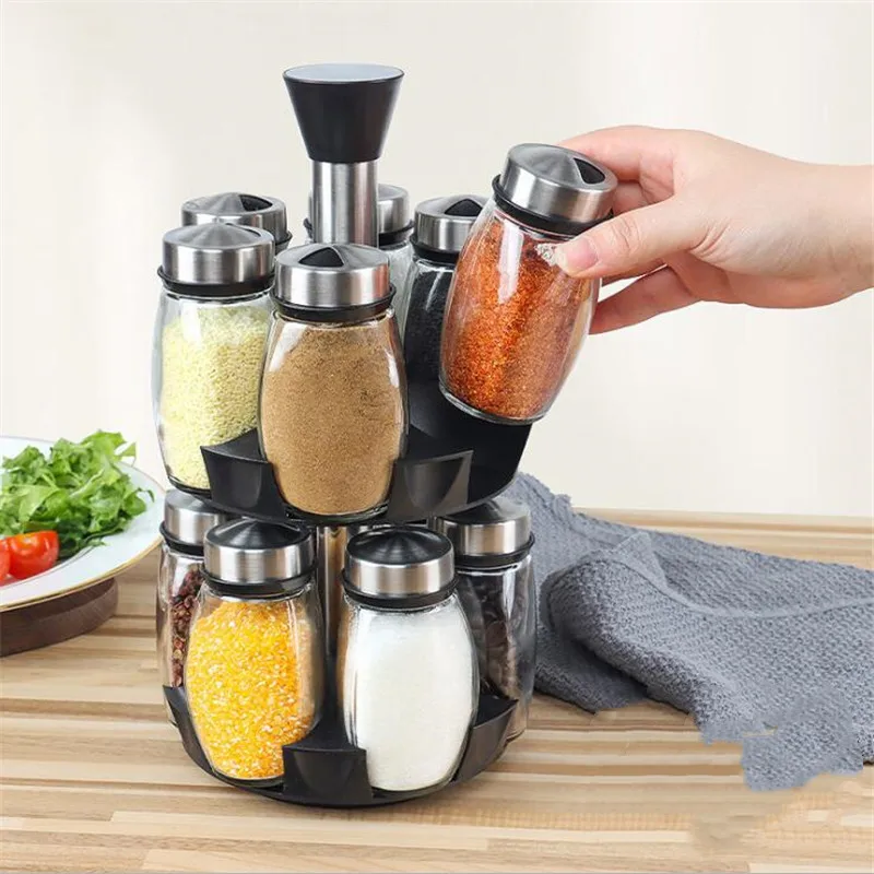 

Seasoning Jars Set Salt Shakers Holder Glass Stainless Steel Rotating Pepper Sprays Bottles Kitchen Storage Rack Organizer
