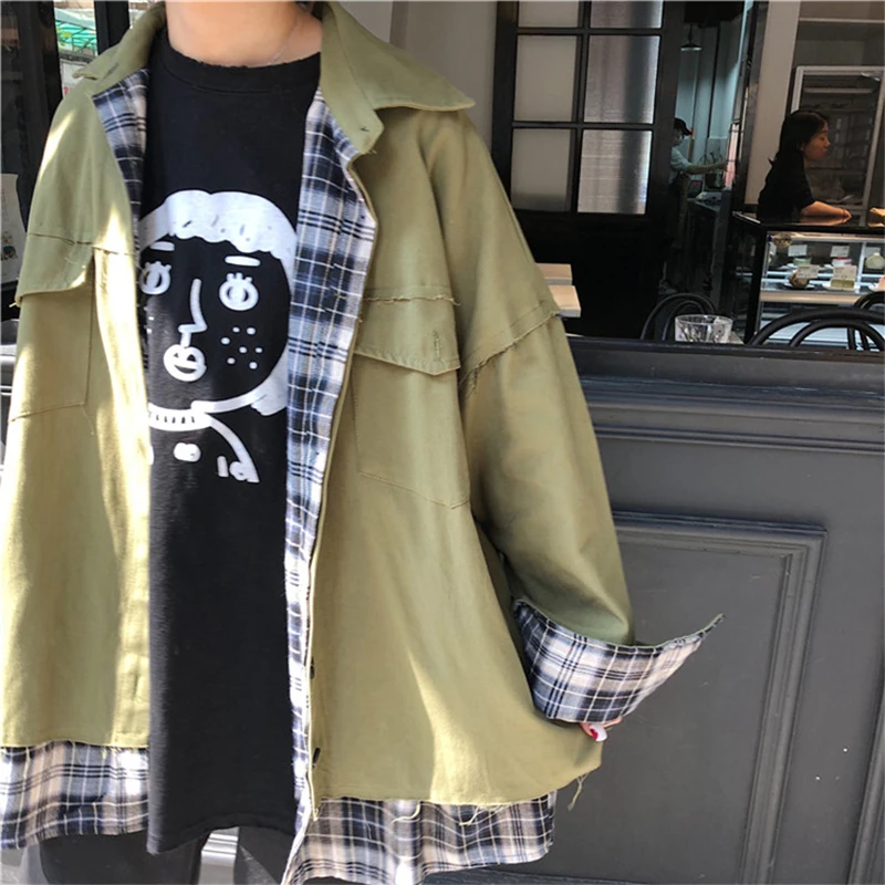 Harajuku стиль куртка оверсайз Женщины обе стороны могут носить хип хоп Уличная плед пальто пэчворк и куртки женщины