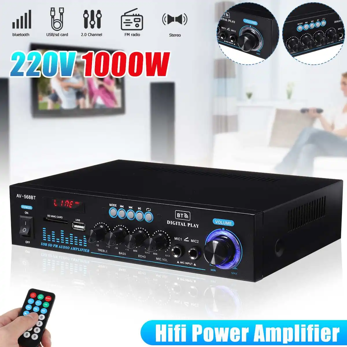 

High Power Amplifier 2 Channel Class D BT Amplifier Audio Home Theater Amplifier Karaoke Music Center Luminous Knob Built-in Mic