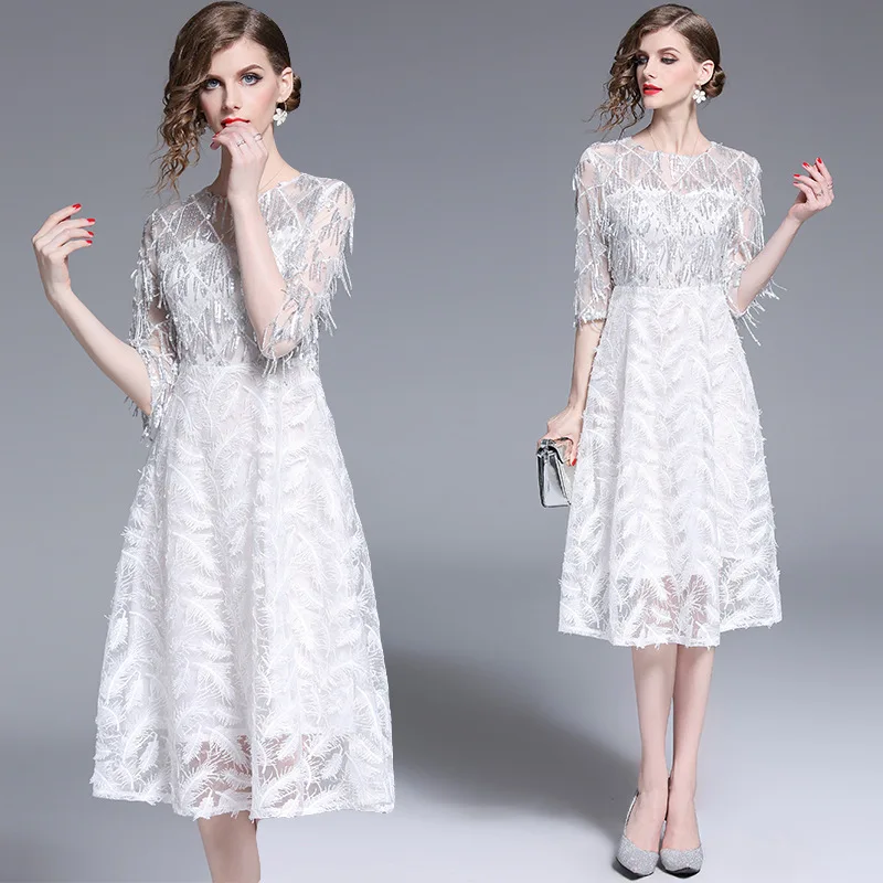 S xxl весенне летнее женское платье украшенное бисером с кисточками перьями