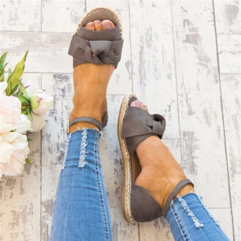 

New Women Flat Shoes Summer Sandals Ladies Gladiator Peep Toe Elastic Band Shoes Plus Size Female Suede Bow Espadrilles Footwear