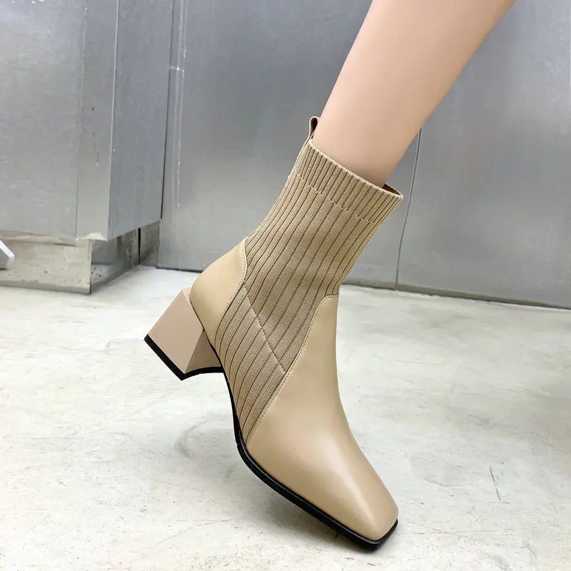 

Vintage Square Toe Shoes Woman Genuine Leather Thick high Heels Ankle Boots knitting Band 2020 Winter Party Working Boots