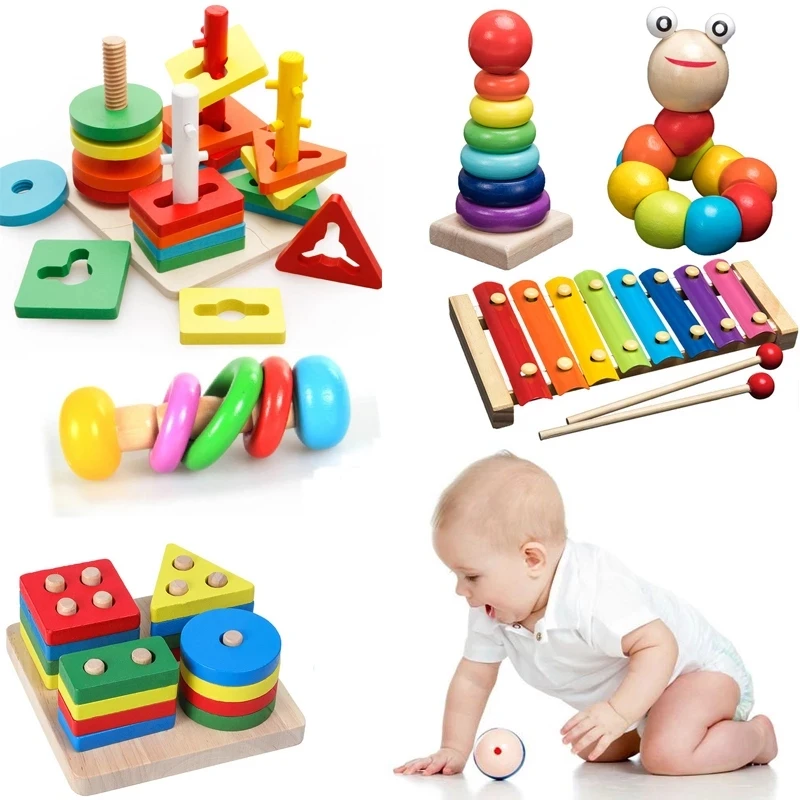

ASWJ Montessori Wooden 3D Toys Rainbow Colorful Block Kid Learning Toy Baby Music Rattles Graphic Educational Toy For Children