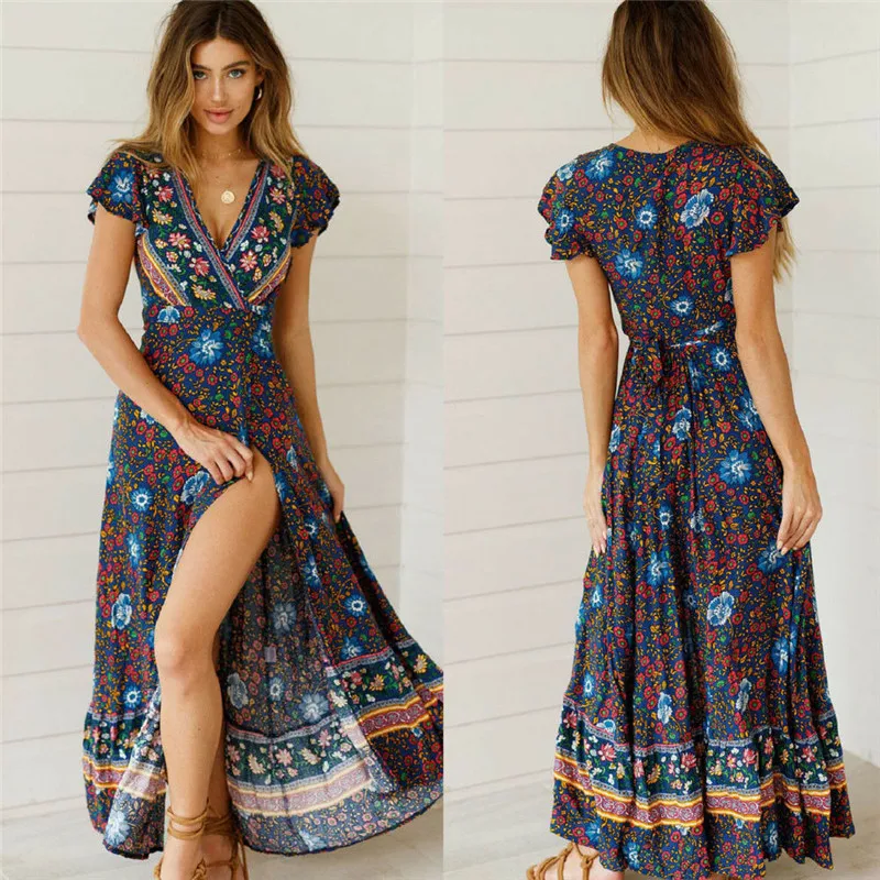 

Boho Summer Women Floral Long Maxi Dresses Holiday Casual Sundress Sexy Split Beach V Neck Party Flower Print Vestidos Outfits