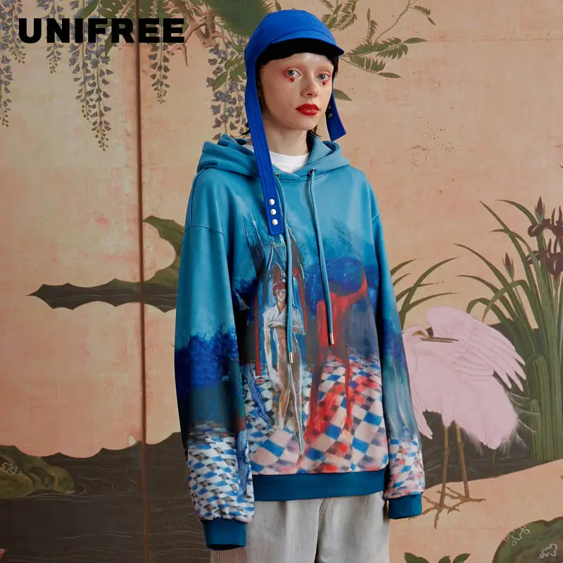 Unifree2019 Осень Новый Повседневный модный принт с капюшоном средней длины пуловер